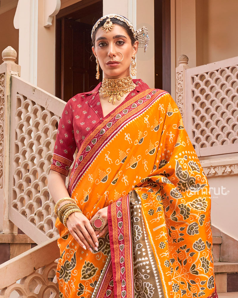 Mustard Yellow and Maroon Broad Border Patola Silk Saree with Unstitched Blouse 02