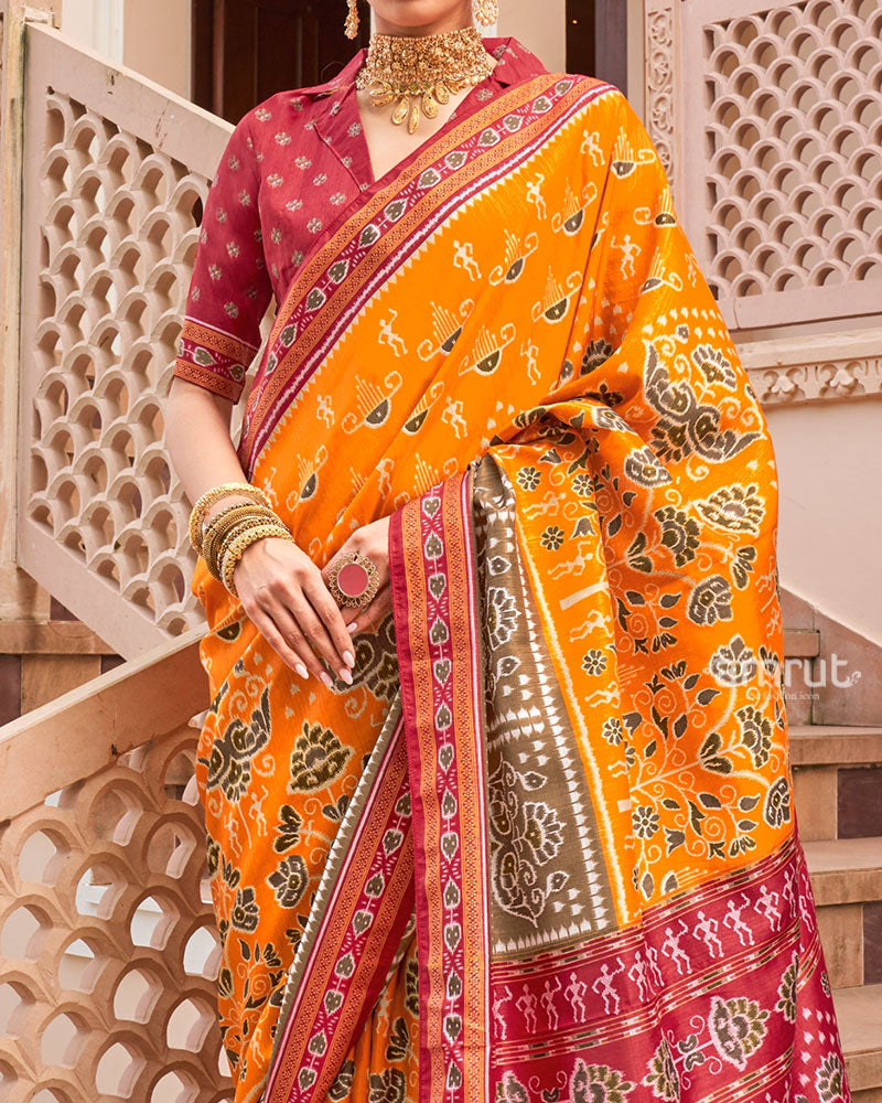 Mustard Yellow and Maroon Broad Border Patola Silk Saree with Unstitched Blouse 03