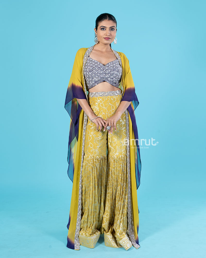 Mustard Yellow and Purple Cape with Sequined Crop Top and Palazzo Pants 01