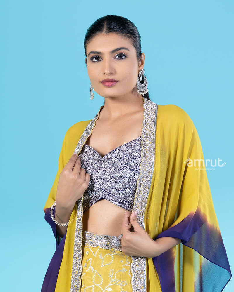 Mustard Yellow and Purple Cape with Sequined Crop Top and Palazzo Pants 02