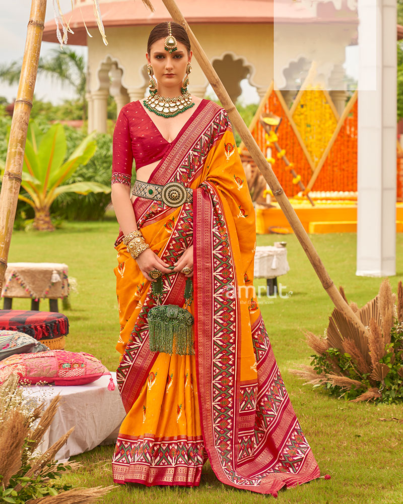 Mustard Yellow and Red Printed Patola Silk Saree with Zari Border and Unstitched Blouse 01