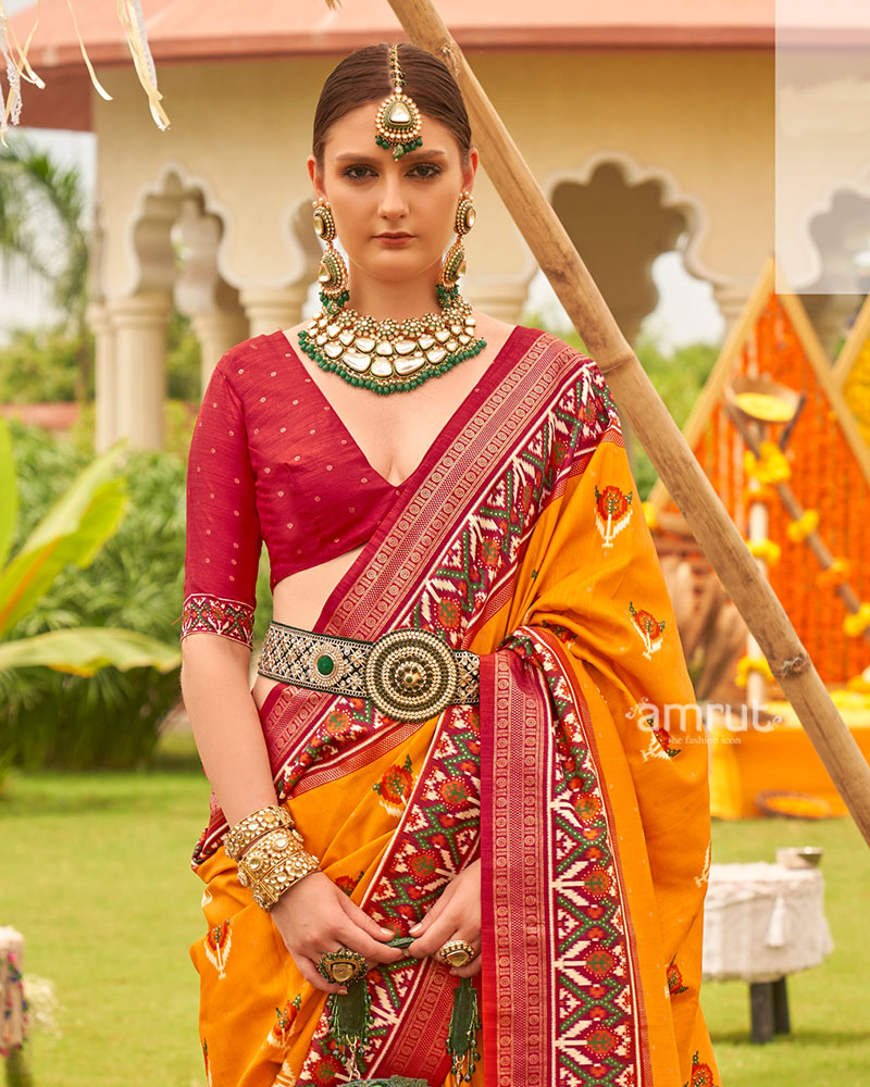 Mustard Yellow and Red Printed Patola Silk Saree with Zari Border and Unstitched Blouse 02