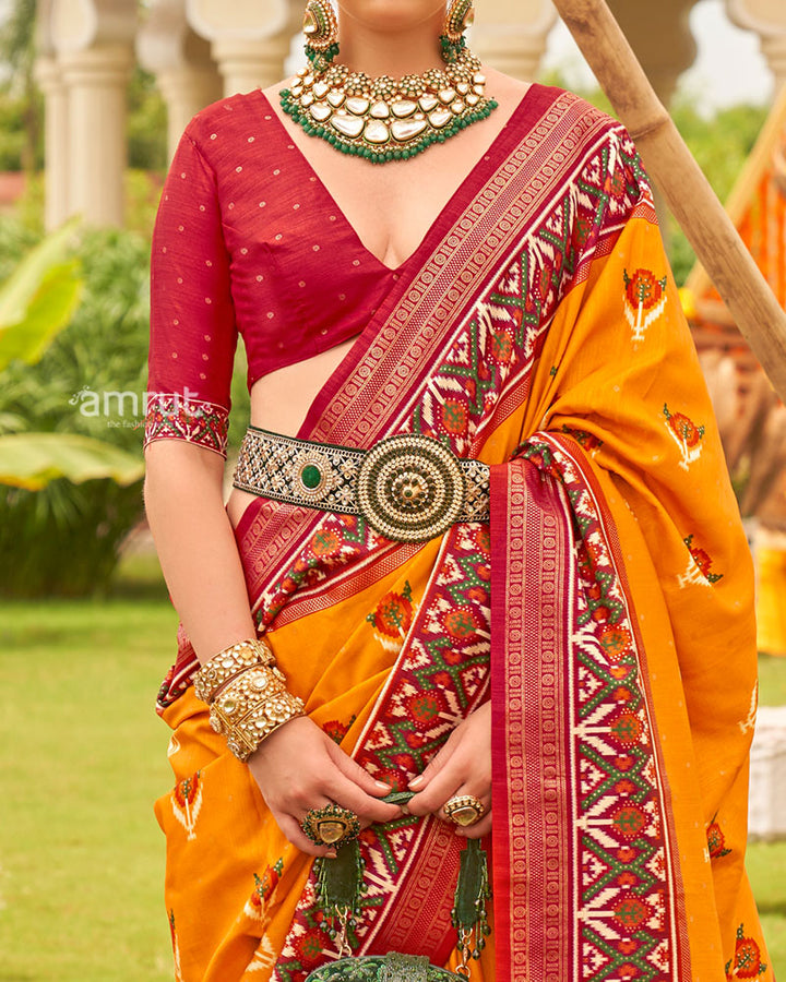 Mustard Yellow and Red Printed Patola Silk Saree with Zari Border and Unstitched Blouse 03