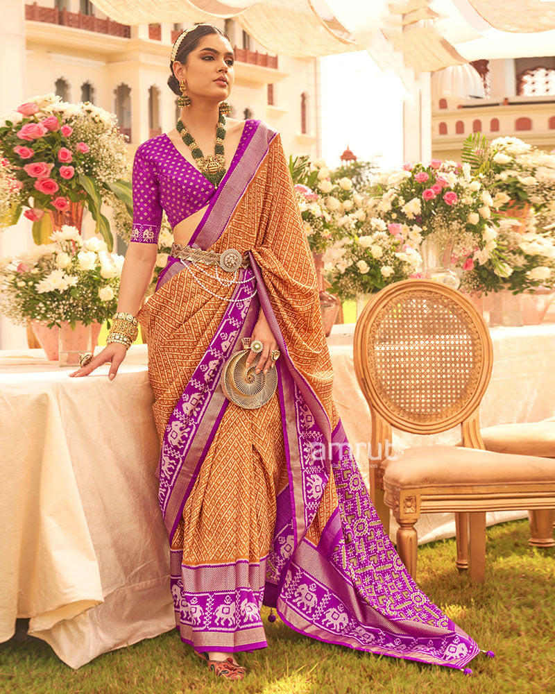 Mustard and Purple Zari Border Patola Silk Saree with Unstitched Blouse 01
