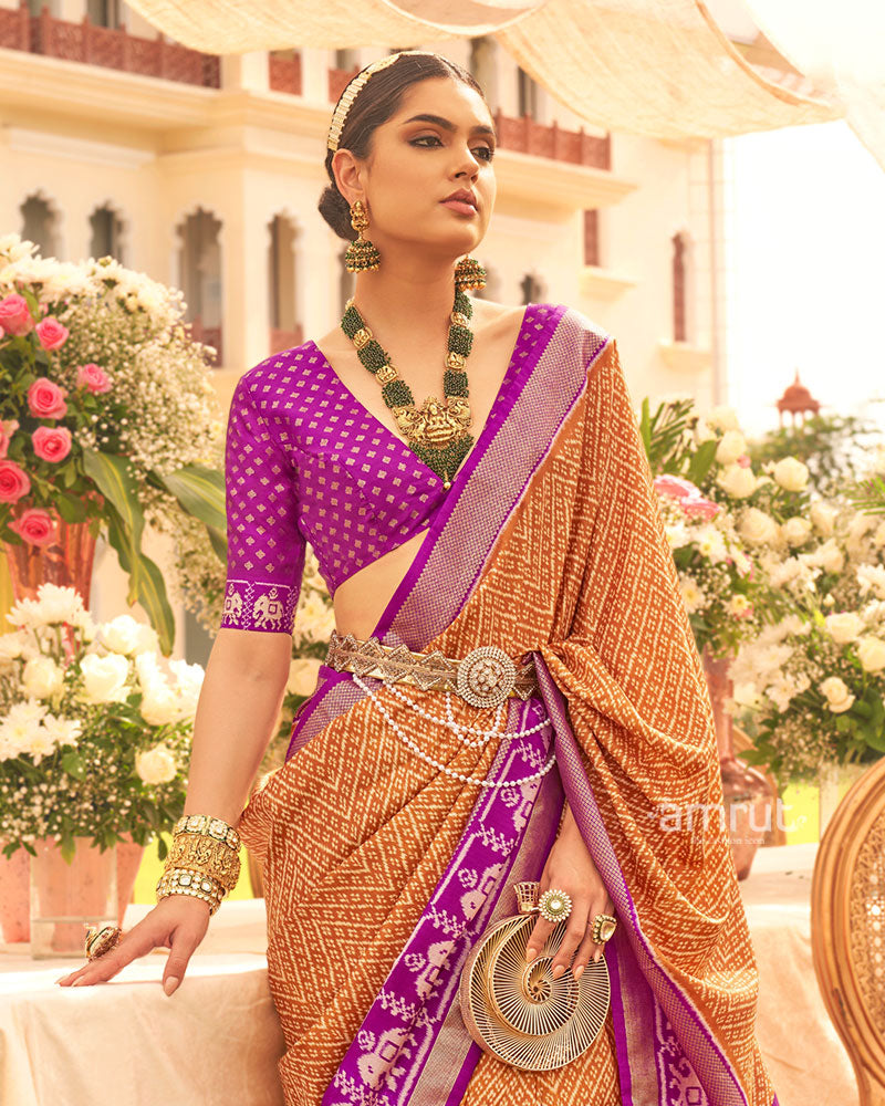 Mustard and Purple Zari Border Patola Silk Saree with Unstitched Blouse 02