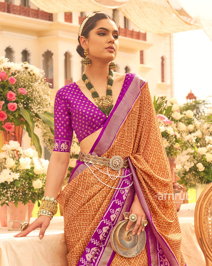 Mustard and Purple Zari Border Patola Silk Saree with Unstitched Blouse 02