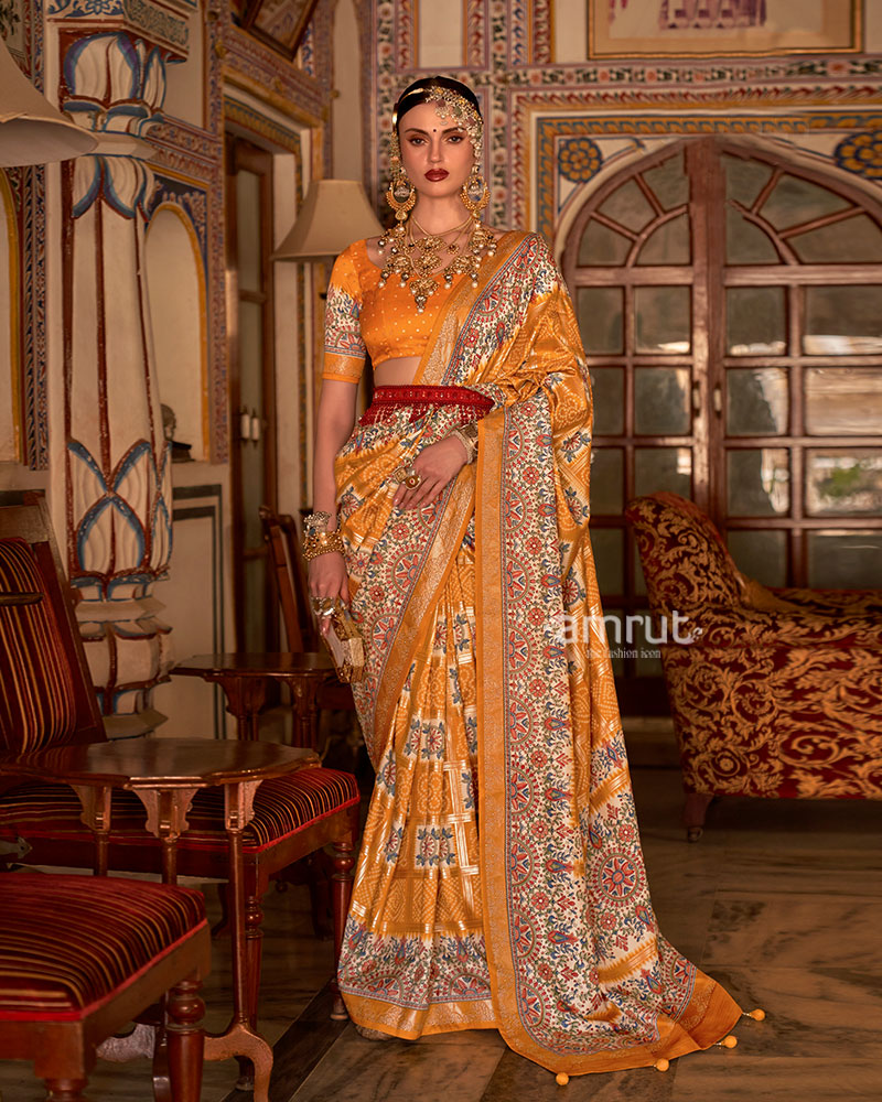 Musturd Yellow and Cream Bandhani Saree with Unstitched Blouse and Belt 01