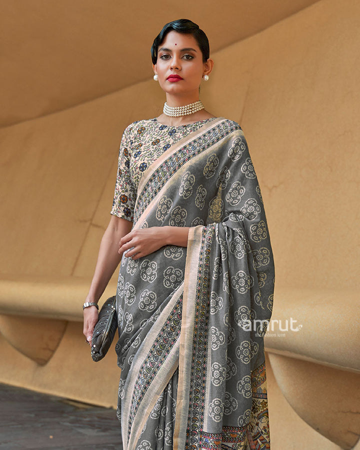 Muted Grey Floral Printed Cotton Saree with Unstitched Blouse 02
