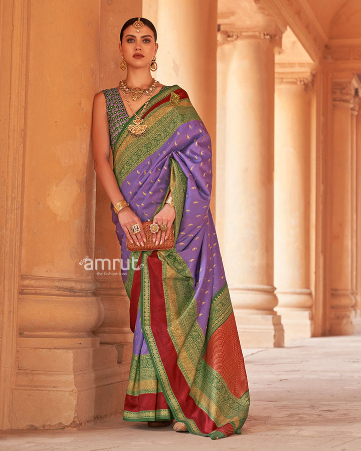 Muted Lavender and Green Border Printed Patola Silk Saree with Unstitched Blouse 01