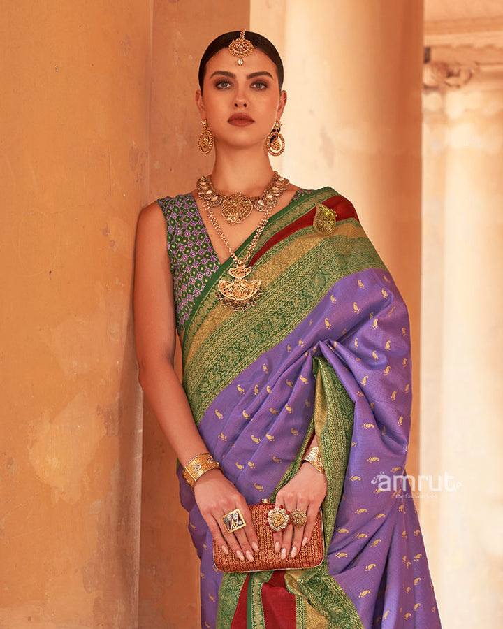 Muted Lavender and Green Border Printed Patola Silk Saree with Unstitched Blouse 02