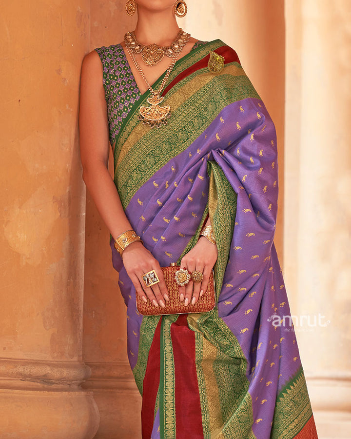 Muted Lavender and Green Border Printed Patola Silk Saree with Unstitched Blouse 03
