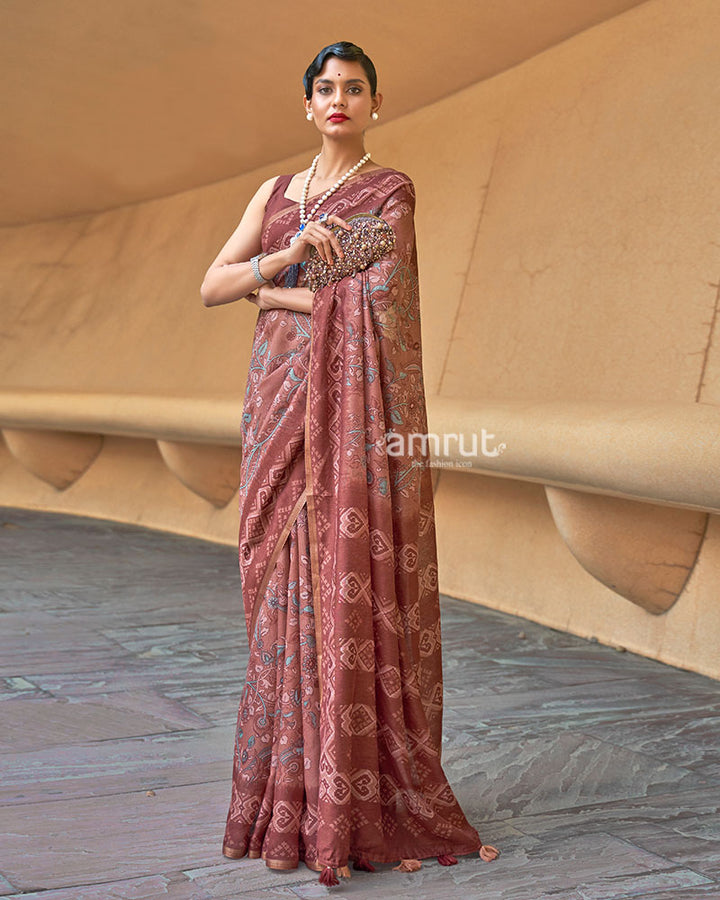 Muted Maroon Floral Printed Cotton Saree with Unstitched Blouse 01