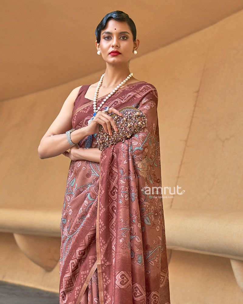 Muted Maroon Floral Printed Cotton Saree with Unstitched Blouse 02