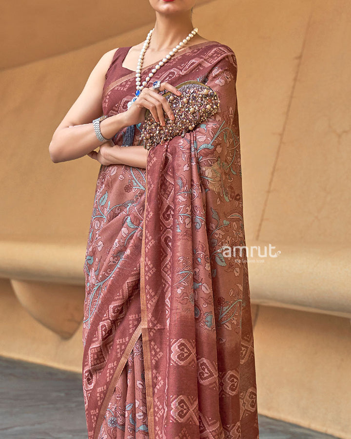 Muted Maroon Floral Printed Cotton Saree with Unstitched Blouse 03