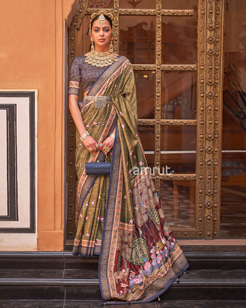 Muted Olive Green Digital Print Embellished Saree with Unstitched Blouse and Belt 01