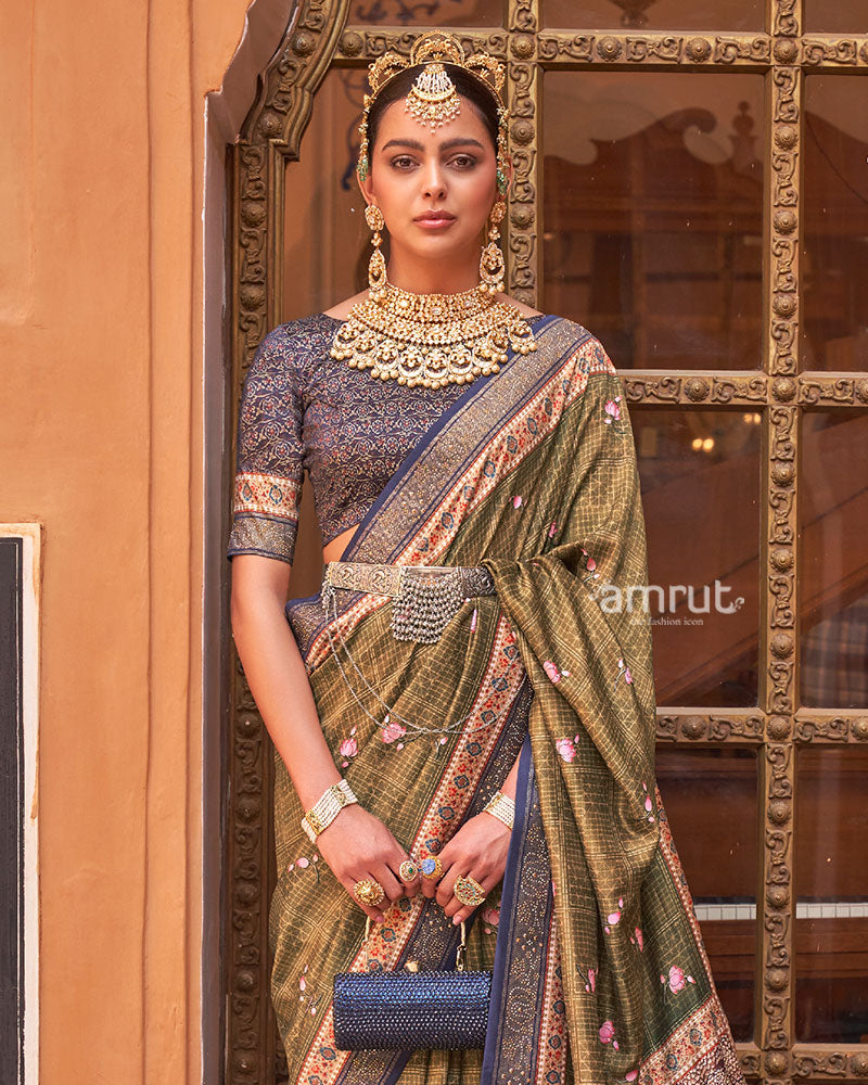 Muted Olive Green Digital Print Embellished Saree with Unstitched Blouse and Belt 02