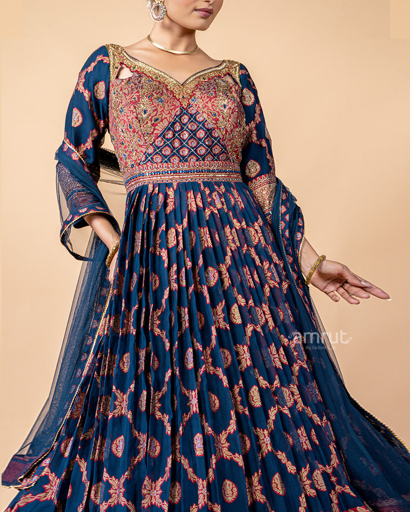 Navy Gown with Net Dupatta