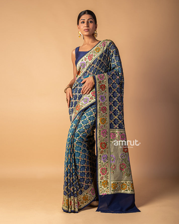 Navy Blue Badhani Printed Silk Saree With Zari Woven Pallu