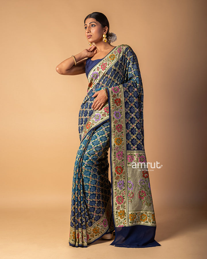 Navy Blue Badhani Printed Silk Saree With Zari Woven Pallu