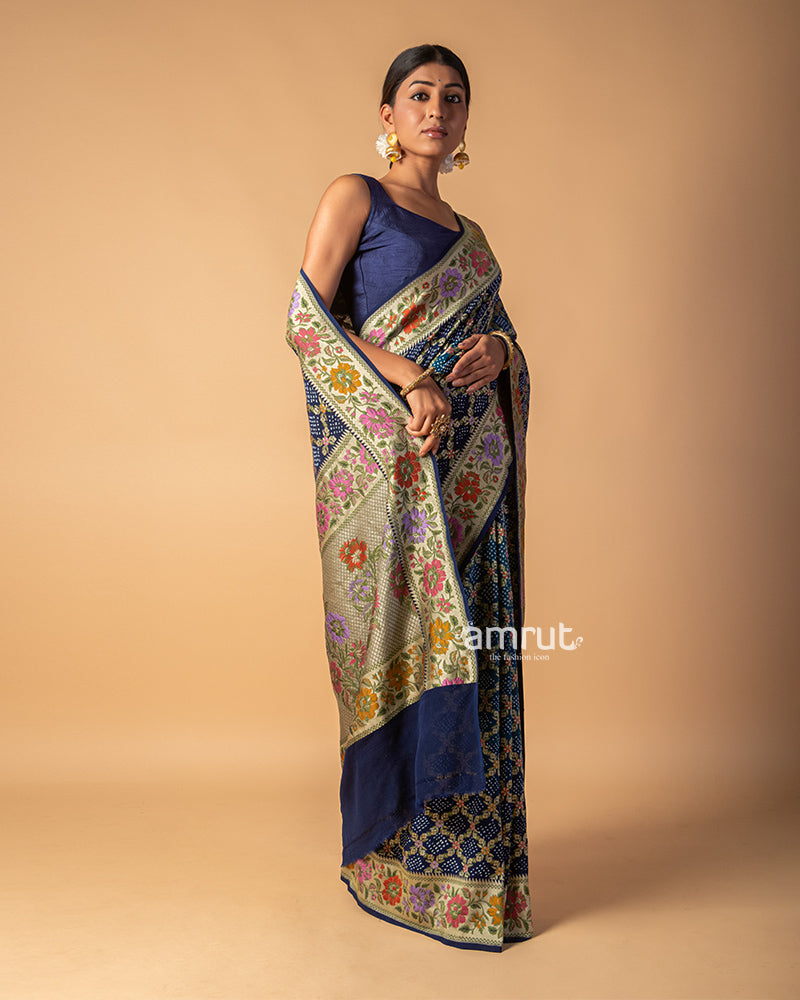 Navy Blue Badhani Printed Silk Saree With Zari Woven Pallu