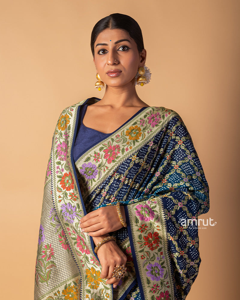 Navy Blue Badhani Printed Silk Saree With Zari Woven Pallu