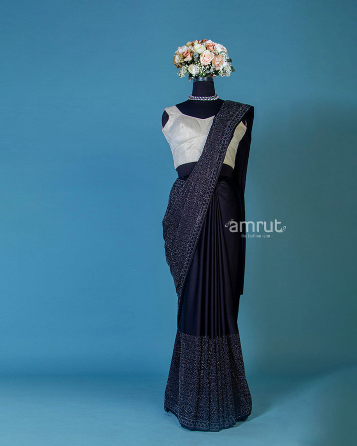 Navy Blue Embroidered Georgette Saree