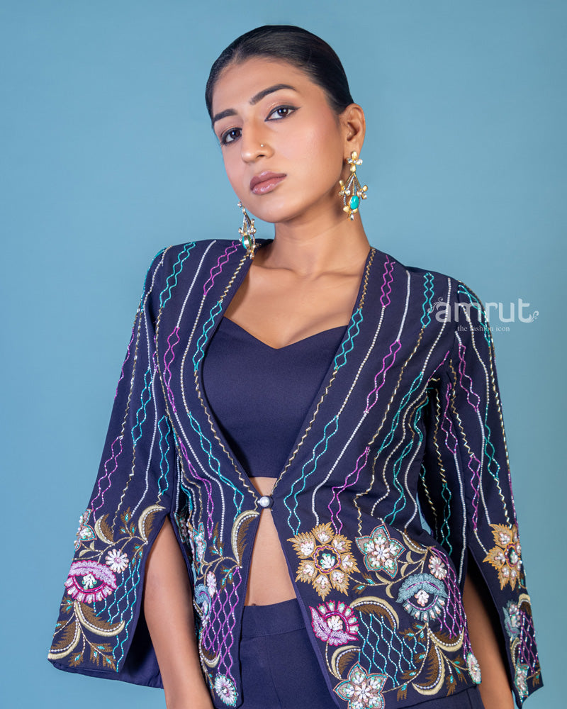 Navy Blue Floral Resham Sequin Beads Embroidered Jacket Set