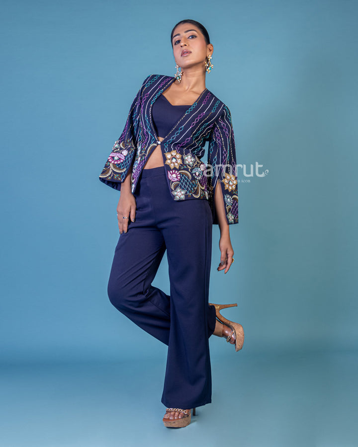 Navy Blue Floral Resham Sequin & Beads Embroidered Jacket Set