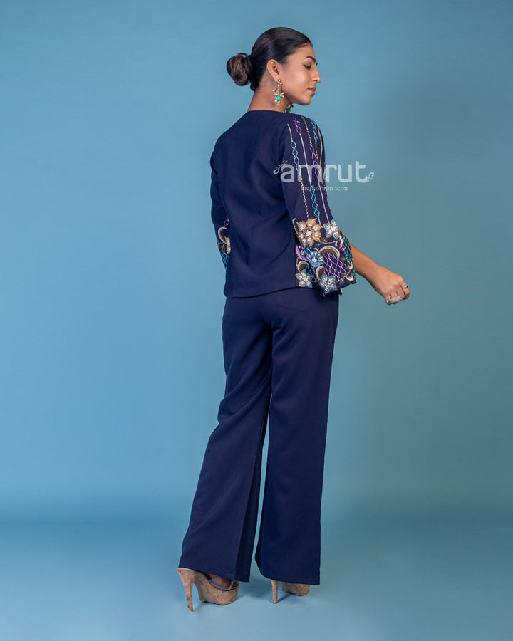 Navy Blue Floral Resham Sequin & Beads Embroidered Jacket Set