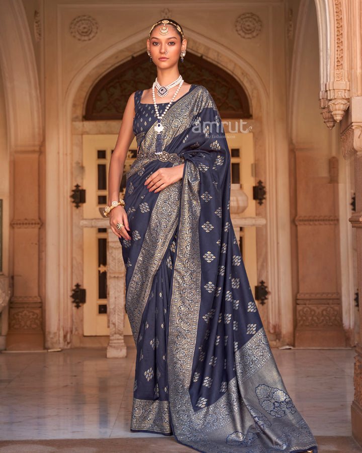 Navy Blue Foil Printed Silk Saree With Unstitched Blouse