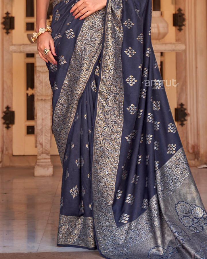 Navy Blue Foil Printed Silk Saree With Unstitched Blouse