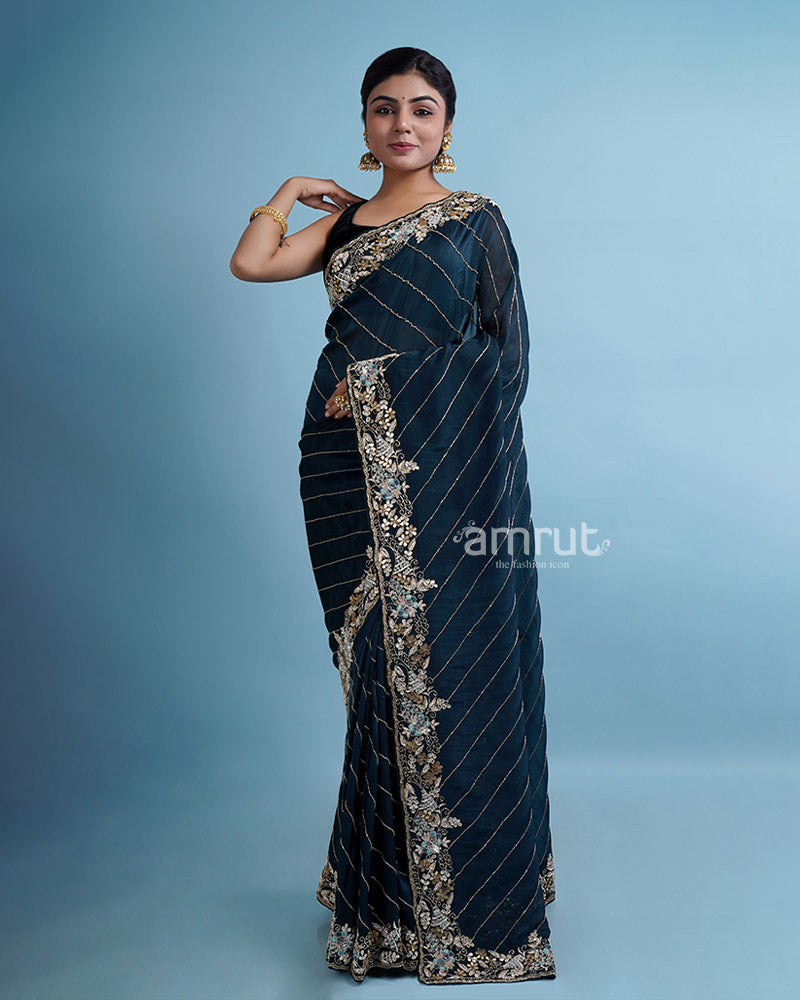 Navy Blue Hand Embroidered Party Wear Saree