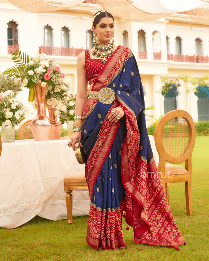 Navy Blue Ikat Weave Silk Saree With Unstitched Blouse