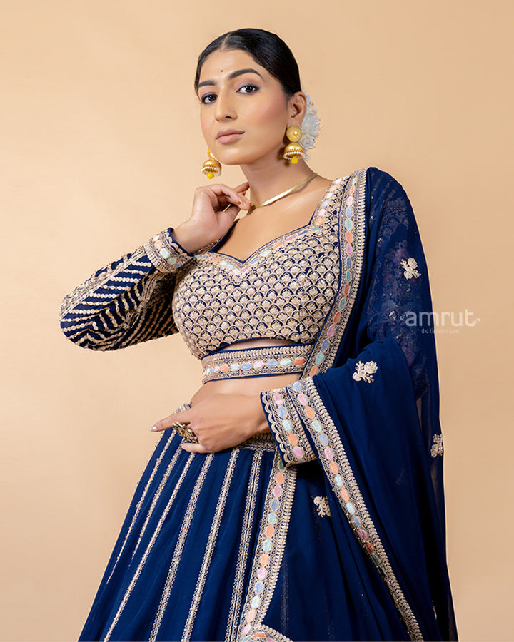 Navy Blue Lehenga Choli Inflated with Zardozi and Sequins work