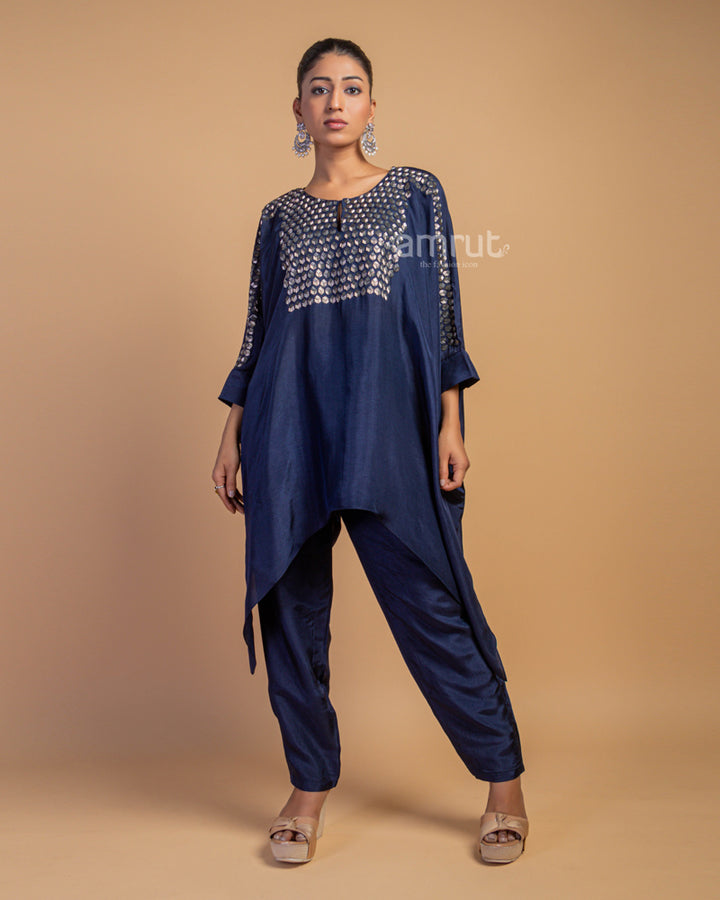 Navy Blue Mirror Embellished Co-ord Set for Casual Look