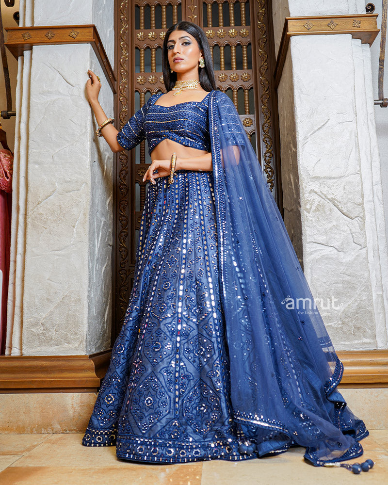 Navy Blue Mirror Work Embroidered Silk Lehenga Set With Dupatta