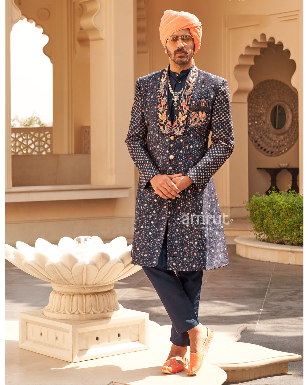 Navy Blue Printed Anarkali Dress and Men Kurta Set