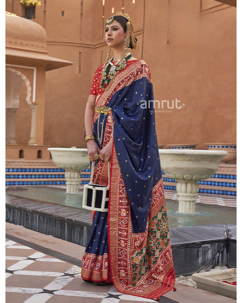 Navy Blue Pure Patola Silk Saree With Printed Border and Unstitched Blouse Piece