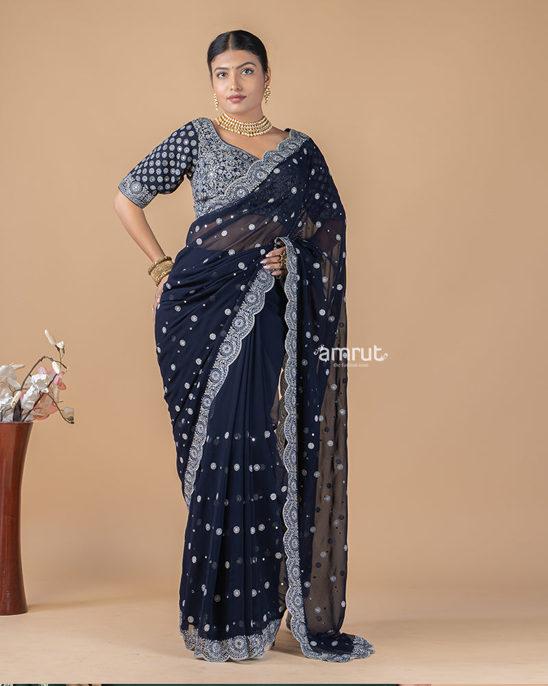 Navy Blue Saree Georgette With Best Sequins Embroidered Stitched Blouse