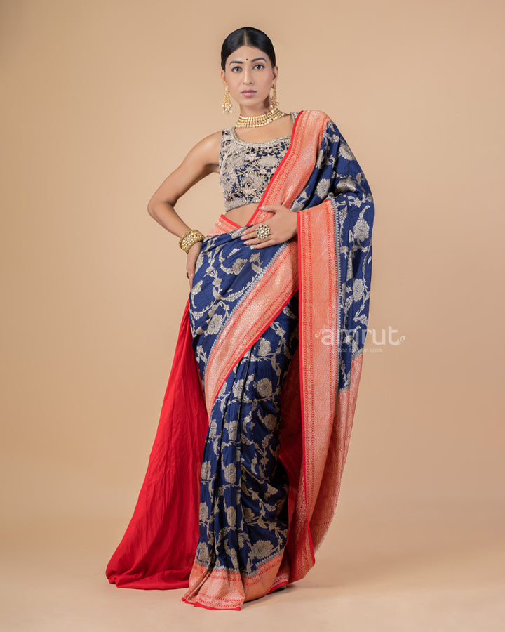 Navy Blue Zari Woven Banarasi Silk Saree With Unstitched Blouse