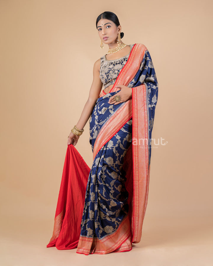 Navy Blue Zari Woven Banarasi Silk Saree With Unstitched Blouse