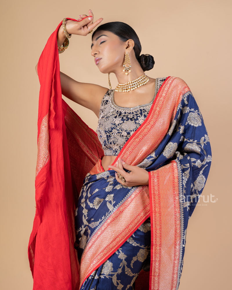 Navy Blue Zari Woven Banarasi Silk Saree With Unstitched Blouse