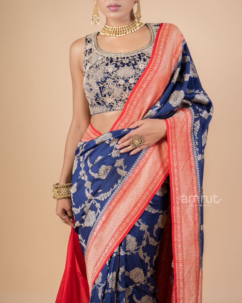 Navy Blue Zari Woven Banarasi Silk Saree With Unstitched Blouse