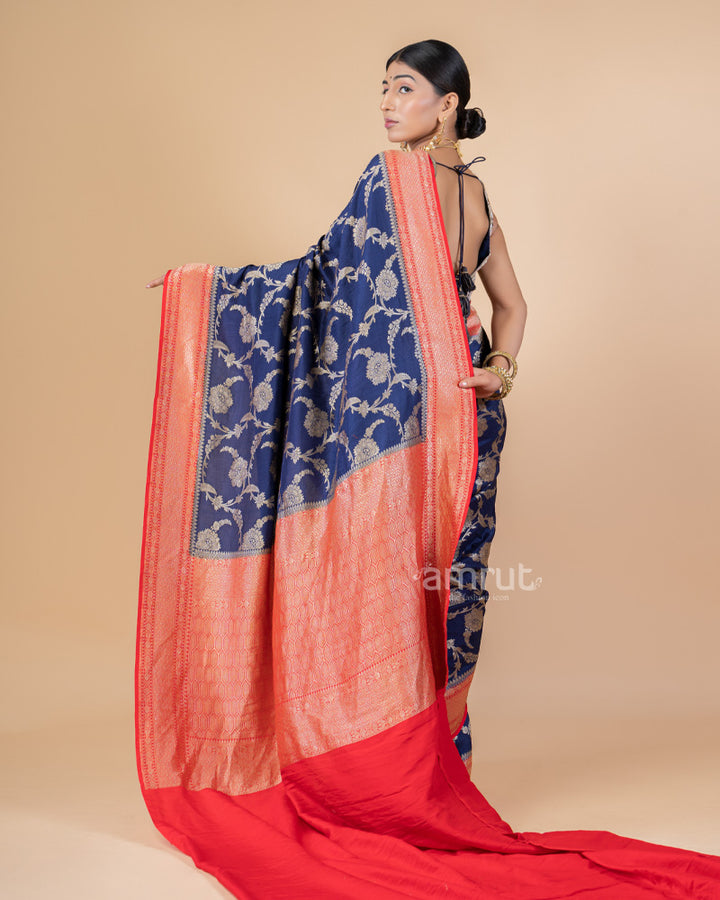 Navy Blue Zari Woven Banarasi Silk Saree With Unstitched Blouse