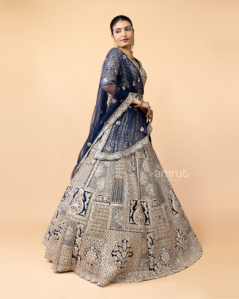 Navy Hand Embellished Silk Lehenga with Designer Blouse and Dupatta