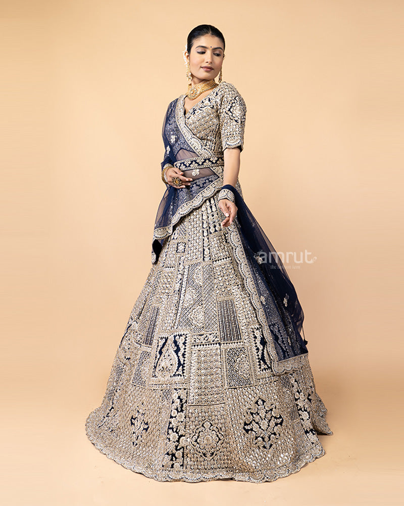 Navy Hand Embellished Silk Lehenga with Designer Blouse and Dupatta