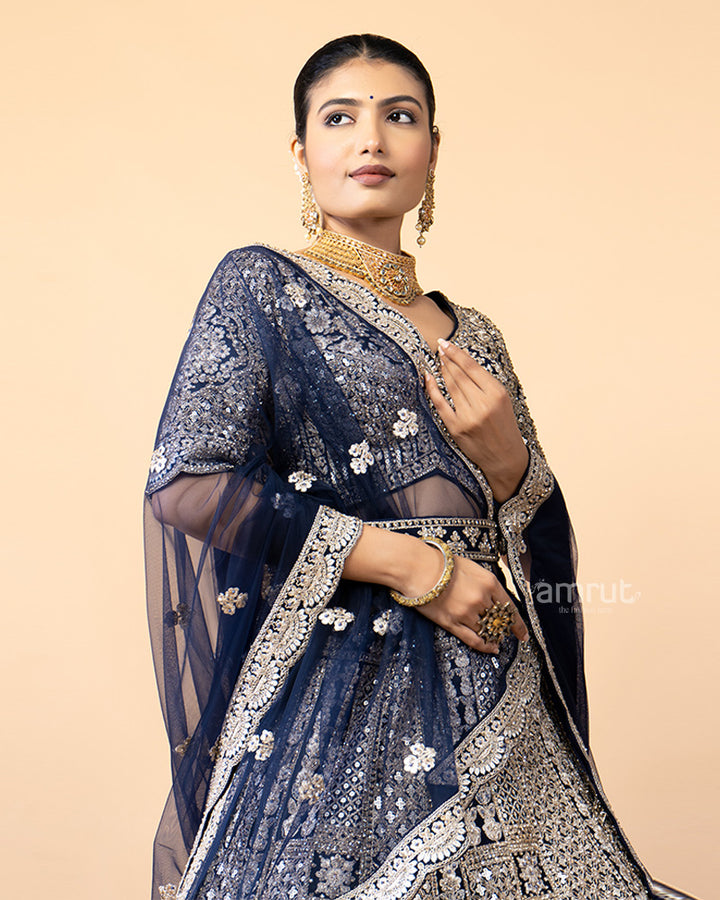 Navy Hand Embellished Silk Lehenga with Designer Blouse and Dupatta