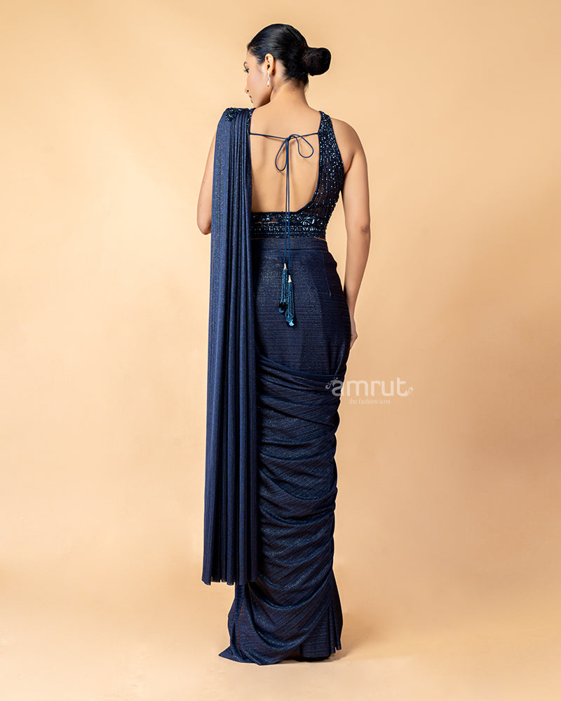 Navy Ready-to-Wear saree with Cross Shoulder Embroidered Blouse