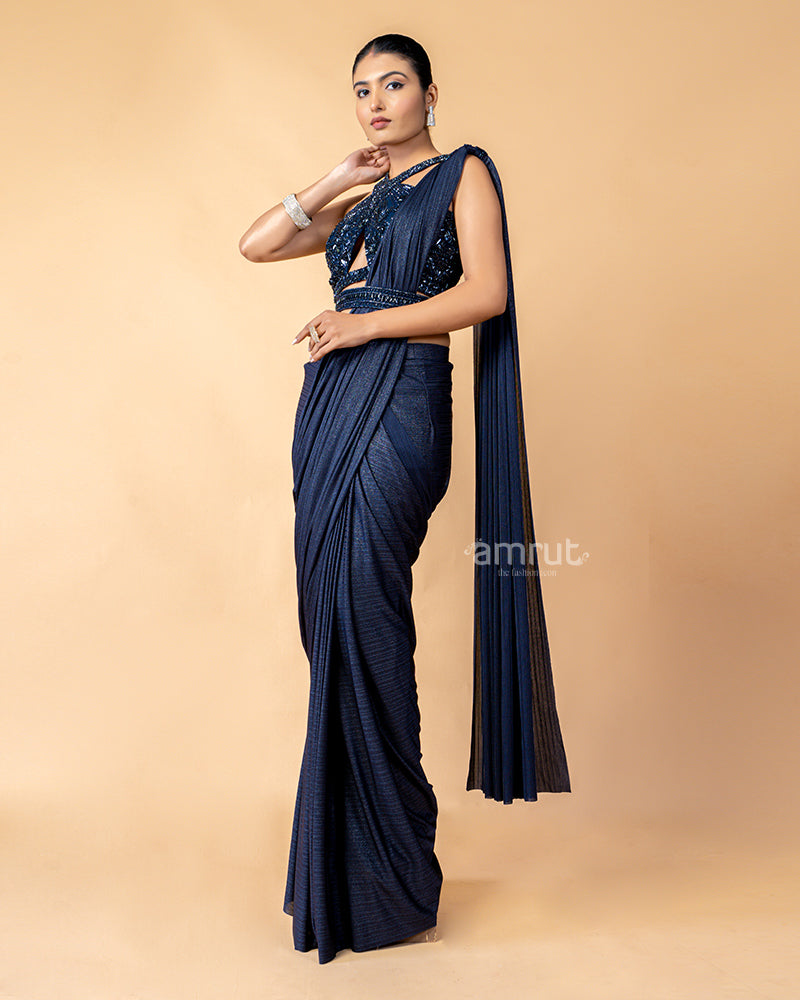 Navy Ready-to-Wear saree with Cross Shoulder Embroidered Blouse