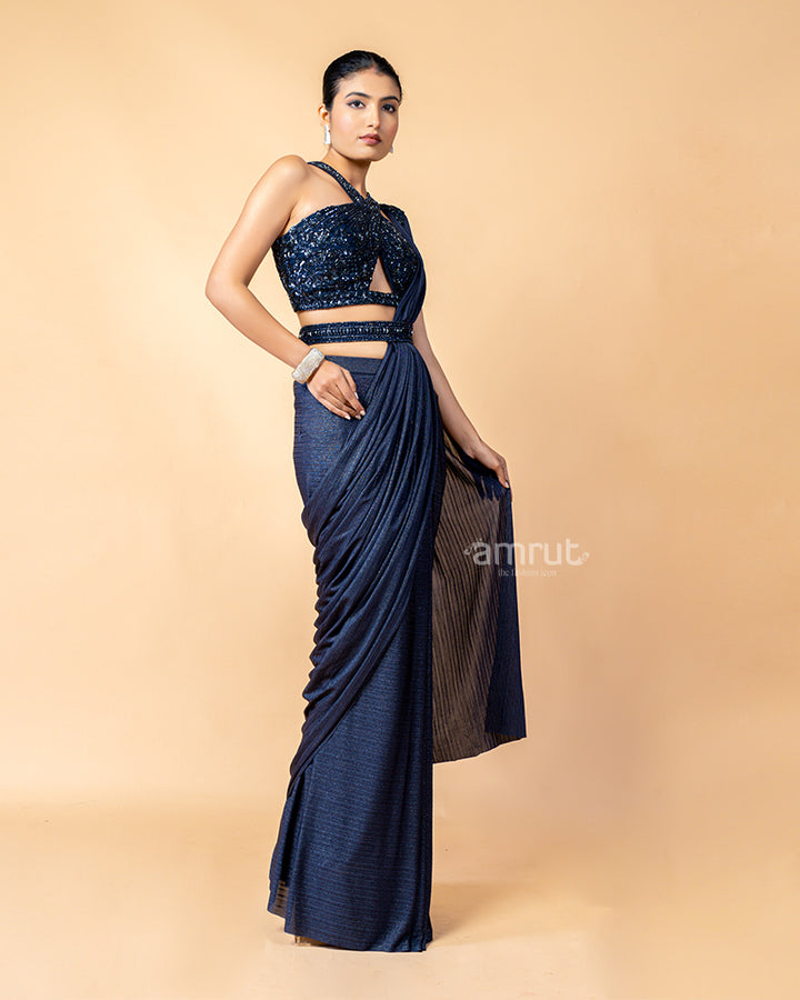 Navy Ready-to-Wear saree with Cross Shoulder Embroidered Blouse